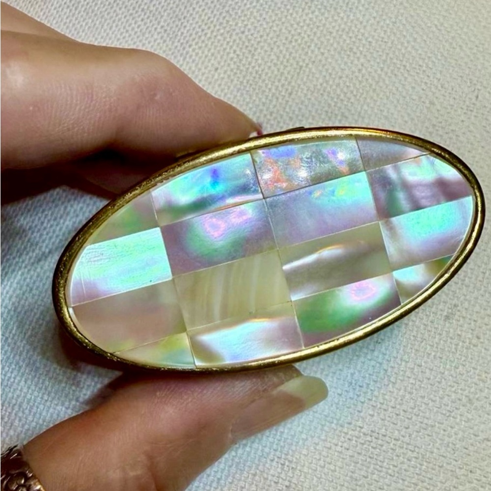 1950’s Max Factor High Society Mother of Pearl Brass Lipstick Compact Case Coral
